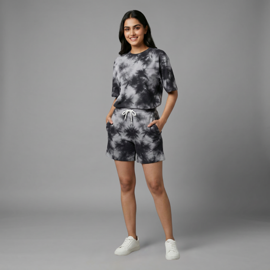 Black & White Tie-Dye Women’s Lounge Co-ord Set | Oversized T-shirt & Shorts