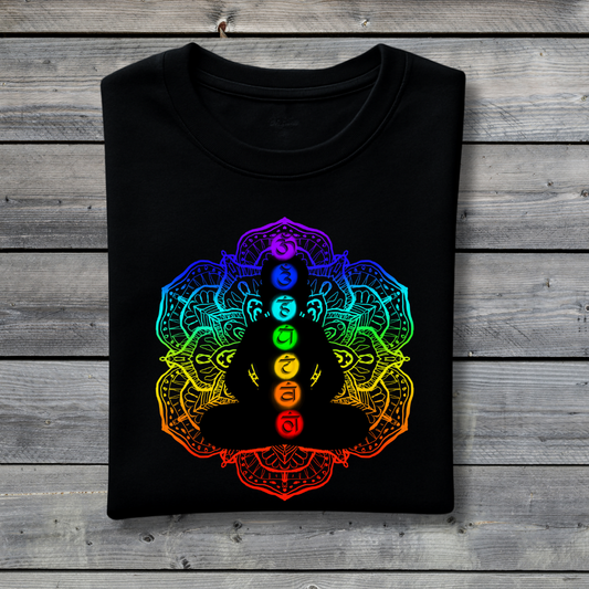 Black t-shirt with a colorful chakra design on a wooden surface