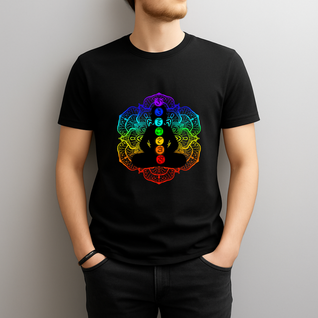 Person wearing a black t-shirt with a colorful chakra design against a plain background