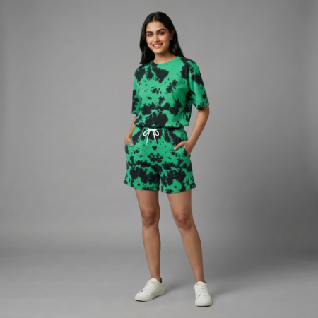 Green Tie-Dye Unisex Lounge Co-ord Set | Oversized T-shirt & Shorts