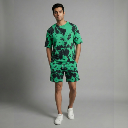 Green Tie-Dye Unisex Lounge Co-ord Set | Oversized T-shirt & Shorts