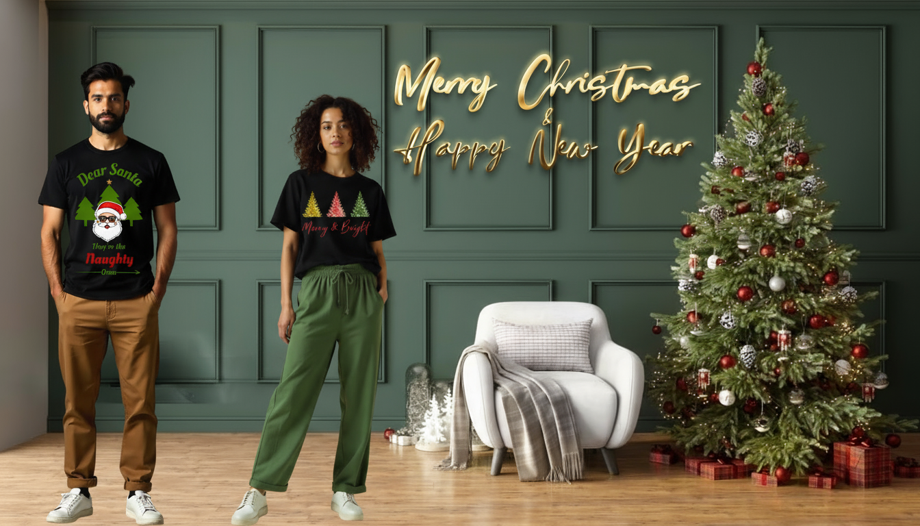 Two people wearing Christmas-themed t-shirts in a room with a decorated Christmas tree.