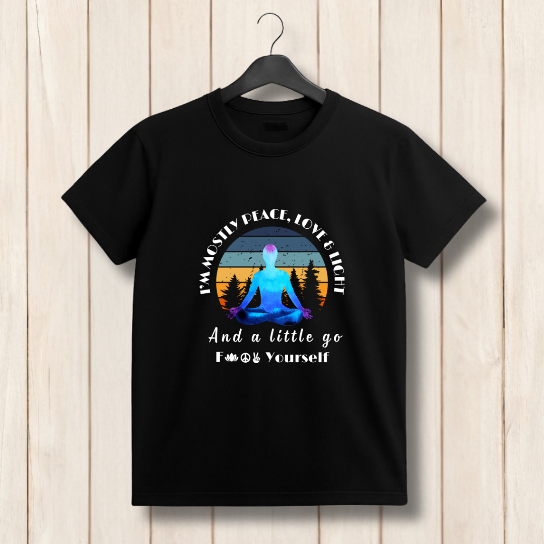 Black t-shirt with a graphic design and text on a wooden background