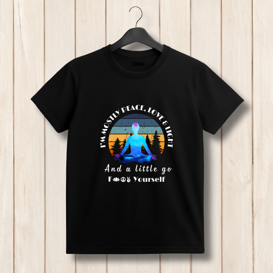 Black t-shirt with a graphic design and text on a wooden background