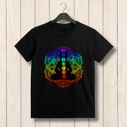 Black t-shirt with a colorful chakra design on a wooden background