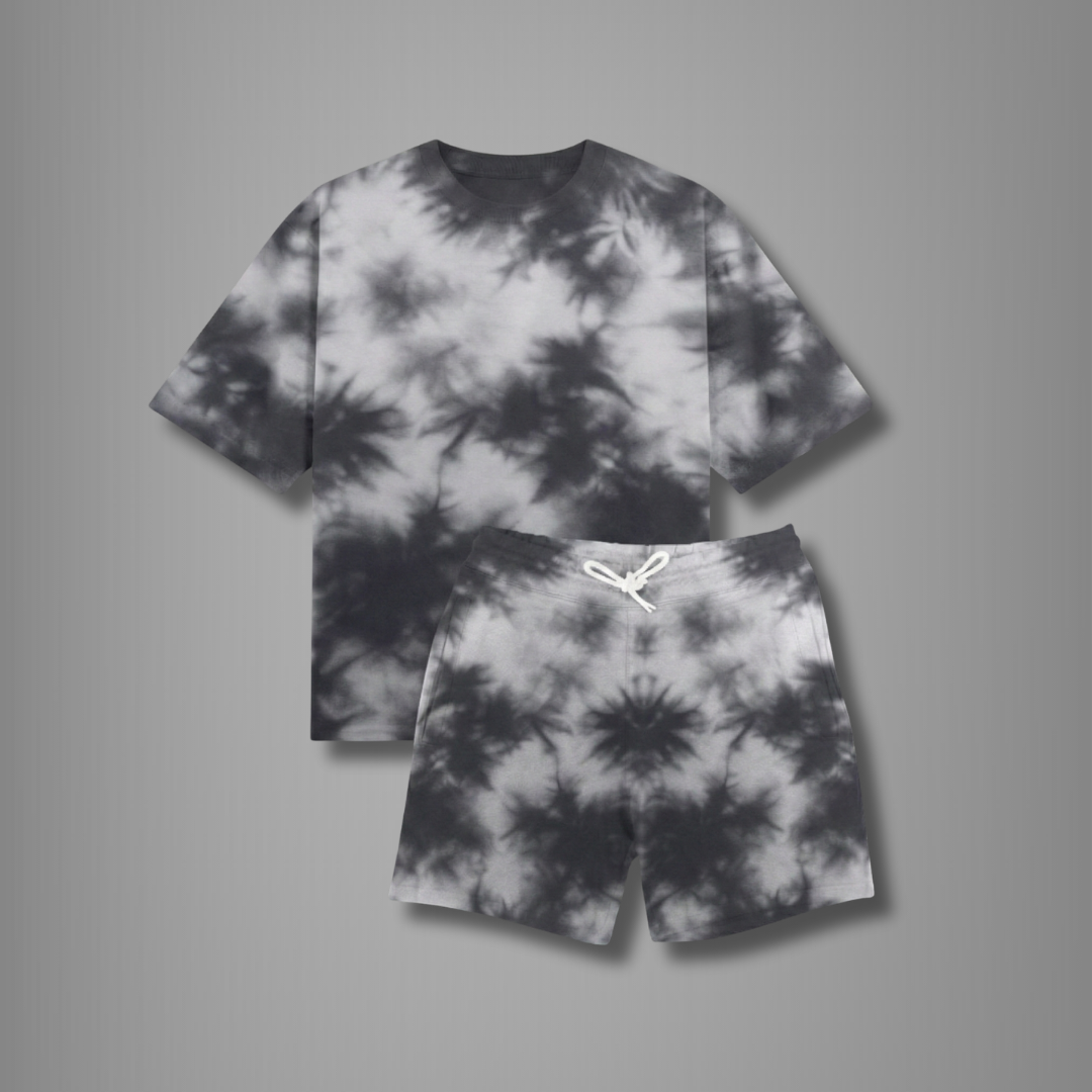 Black & White Tie-Dye Women’s Lounge Co-ord Set | Oversized T-shirt & Shorts