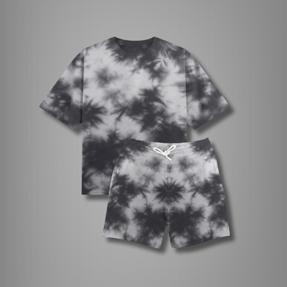 Black & White Tie-Dye Women’s Lounge Co-ord Set | Oversized T-shirt & Shorts
