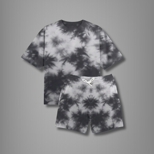 Black & White Tie-Dye Women’s Lounge Co-ord Set | Oversized T-shirt & Shorts