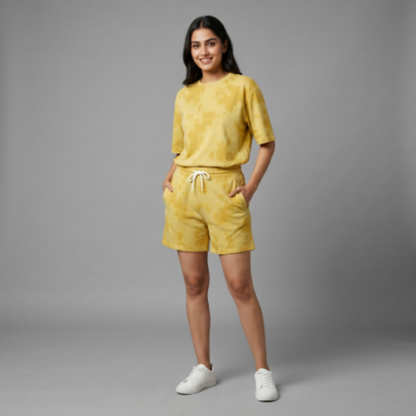 Yellow Tie-Dye Unisex Lounge Co-ord Set | Oversized T-shirt & Shorts