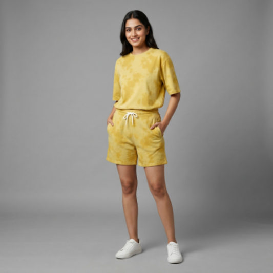Yellow Tie-Dye Unisex Lounge Co-ord Set | Oversized T-shirt & Shorts