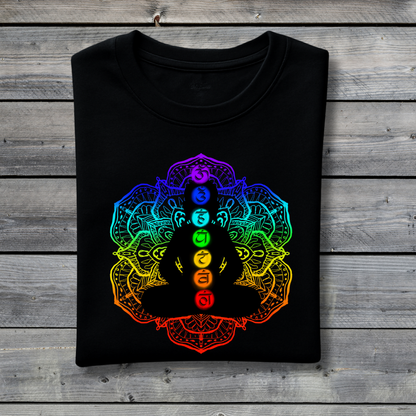 Black t-shirt with a colorful chakra design on a wooden surface