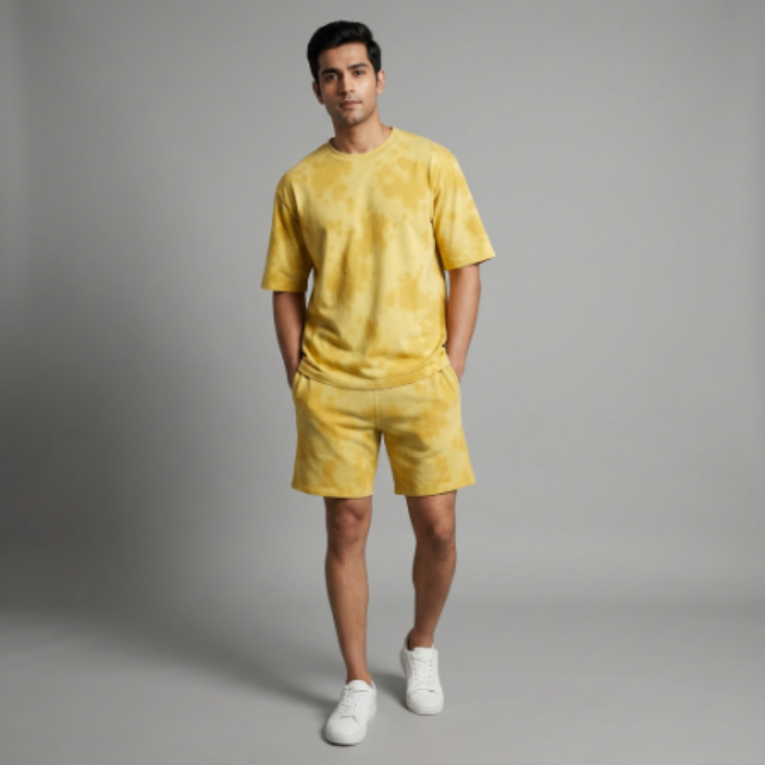 Yellow Tie-Dye Unisex Lounge Co-ord Set | Oversized T-shirt & Shorts