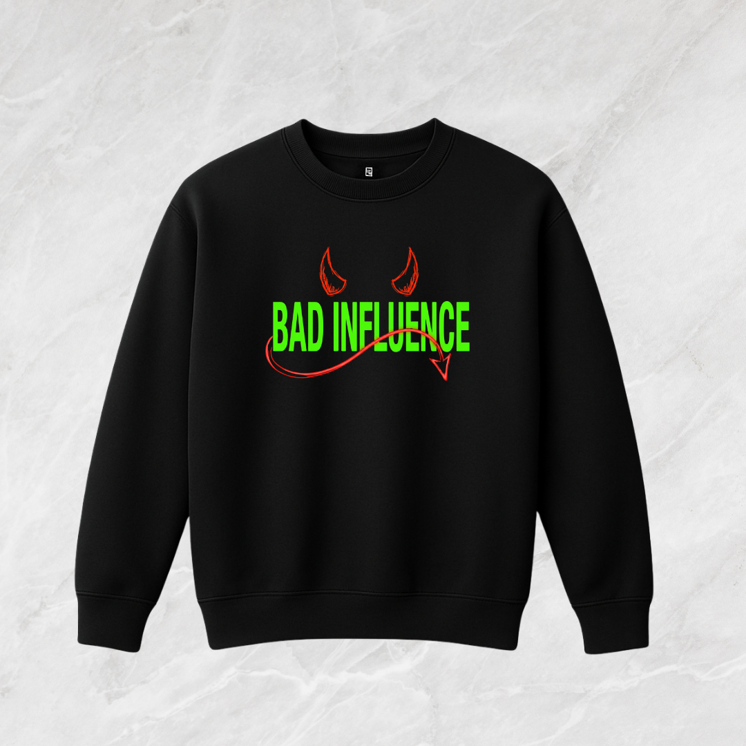 Black sweatshirt with 'Bad Influence' text and devil horns design on a textured white background