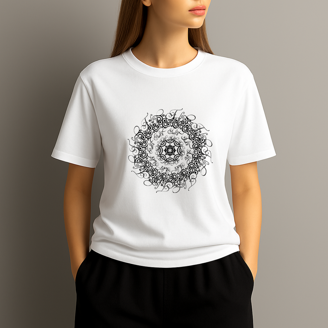 White t-shirt with black intricate design worn by a person on a neutral background