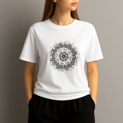 White t-shirt with black intricate design worn by a person on a neutral background