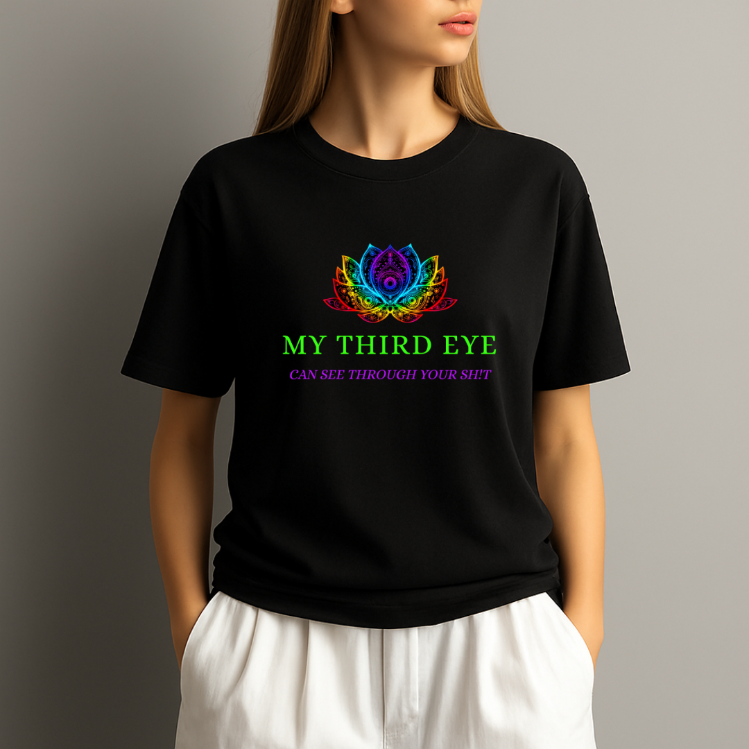 Black t-shirt with colorful lotus design and text worn by a person on a plain background