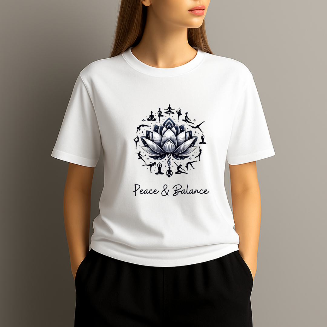 White t-shirt with a black lotus design and 'Peace & Balance' text on a plain background