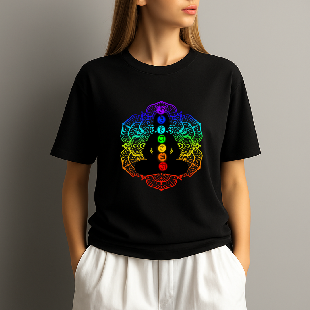 Black t-shirt with a colorful Buddha design on a plain background