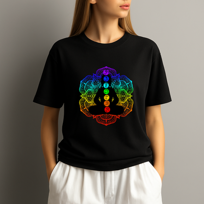Black t-shirt with a colorful Buddha design on a plain background