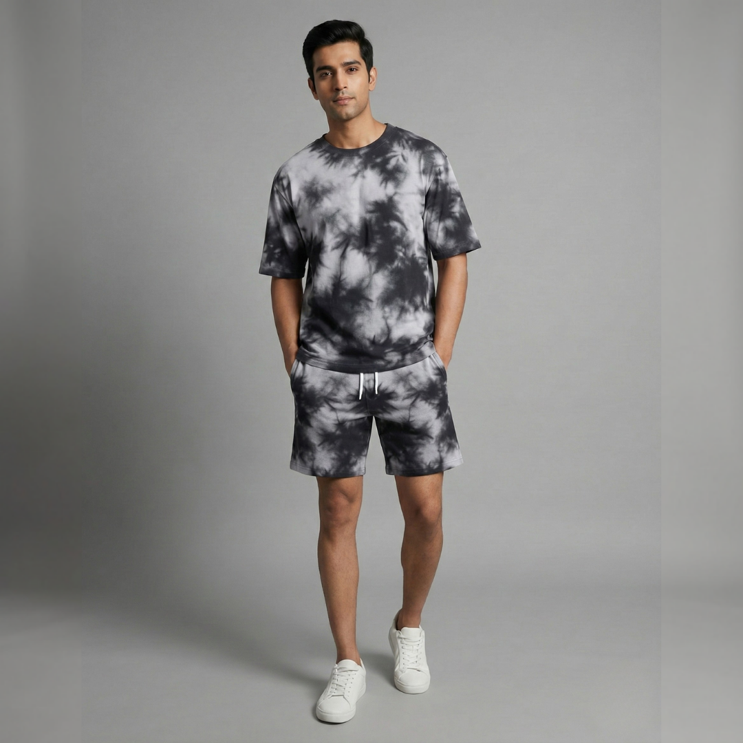 Black & White Tie-Dye Women’s Lounge Co-ord Set | Oversized T-shirt & Shorts