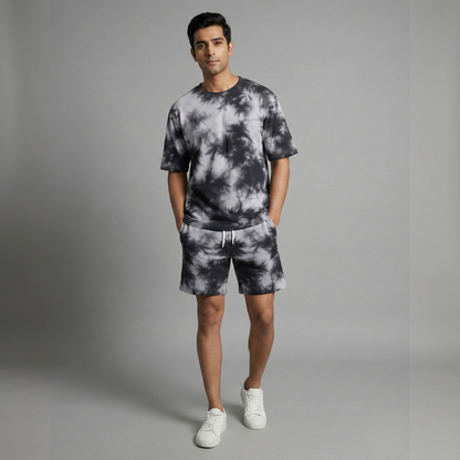 Black & White Tie-Dye Women’s Lounge Co-ord Set | Oversized T-shirt & Shorts