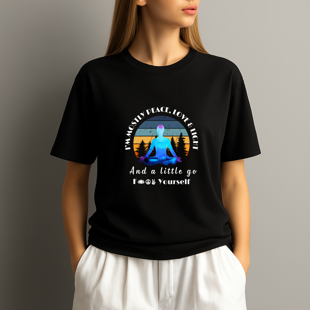 Person wearing a black t-shirt with a graphic design and text on a plain background