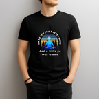 Person wearing a black t-shirt with a graphic design and text.