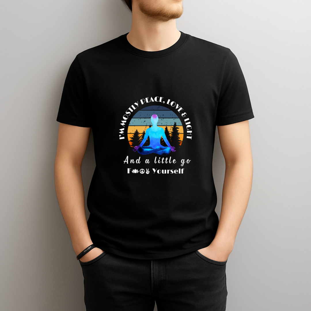 Person wearing a black t-shirt with a graphic design and text.