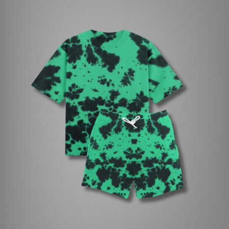 Green Tie-Dye Unisex Lounge Co-ord Set | Oversized T-shirt & Shorts