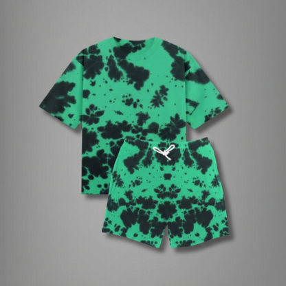 Green Tie-Dye Unisex Lounge Co-ord Set | Oversized T-shirt & Shorts