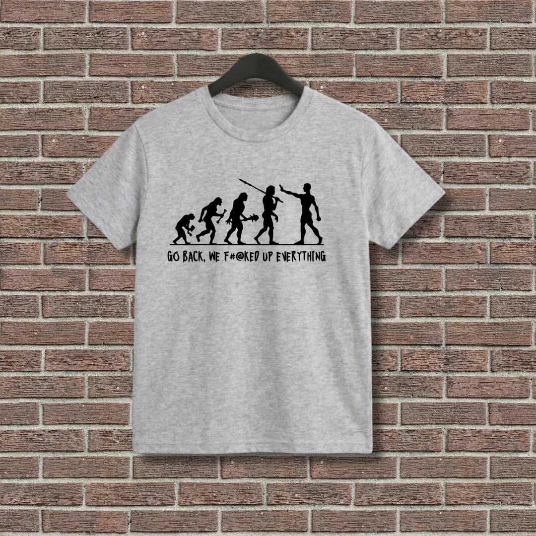 Gray t-shirt with a graphic design and text on a brick wall background