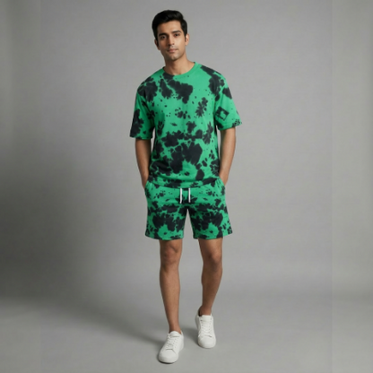 Green Tie-Dye Unisex Lounge Co-ord Set | Oversized T-shirt & Shorts
