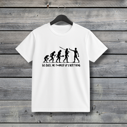 White t-shirt with black graphic and text on a wooden background