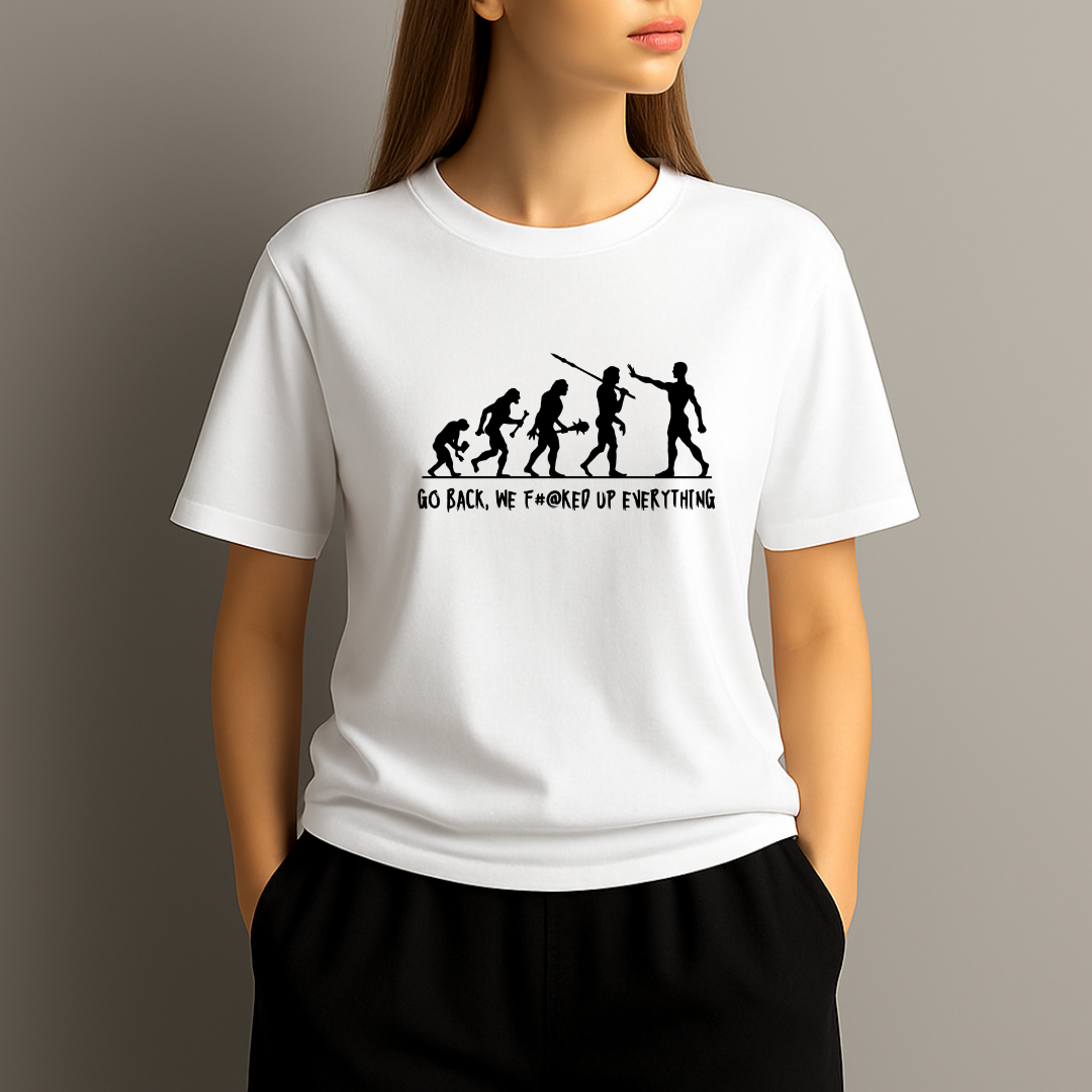 White t-shirt with black graphic and text worn by a person on a plain background