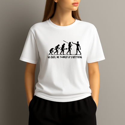 White t-shirt with black graphic and text worn by a person on a plain background