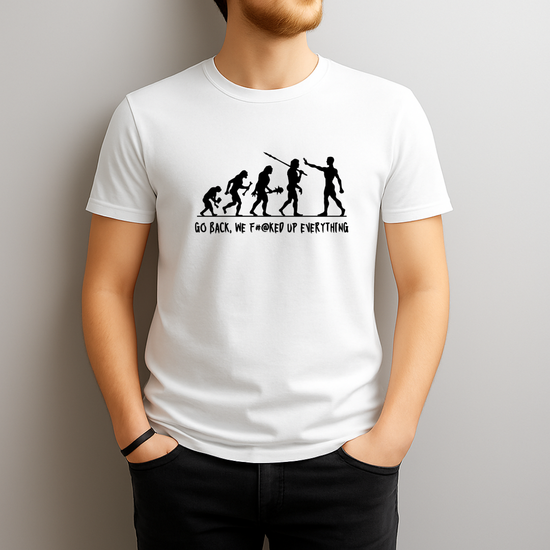 White t-shirt with black graphic and text worn by a person on a plain background